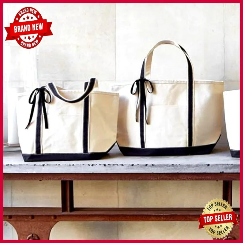 Large Canvas Tote Bag with Leather Handles, Exterior Pocket, Unlined